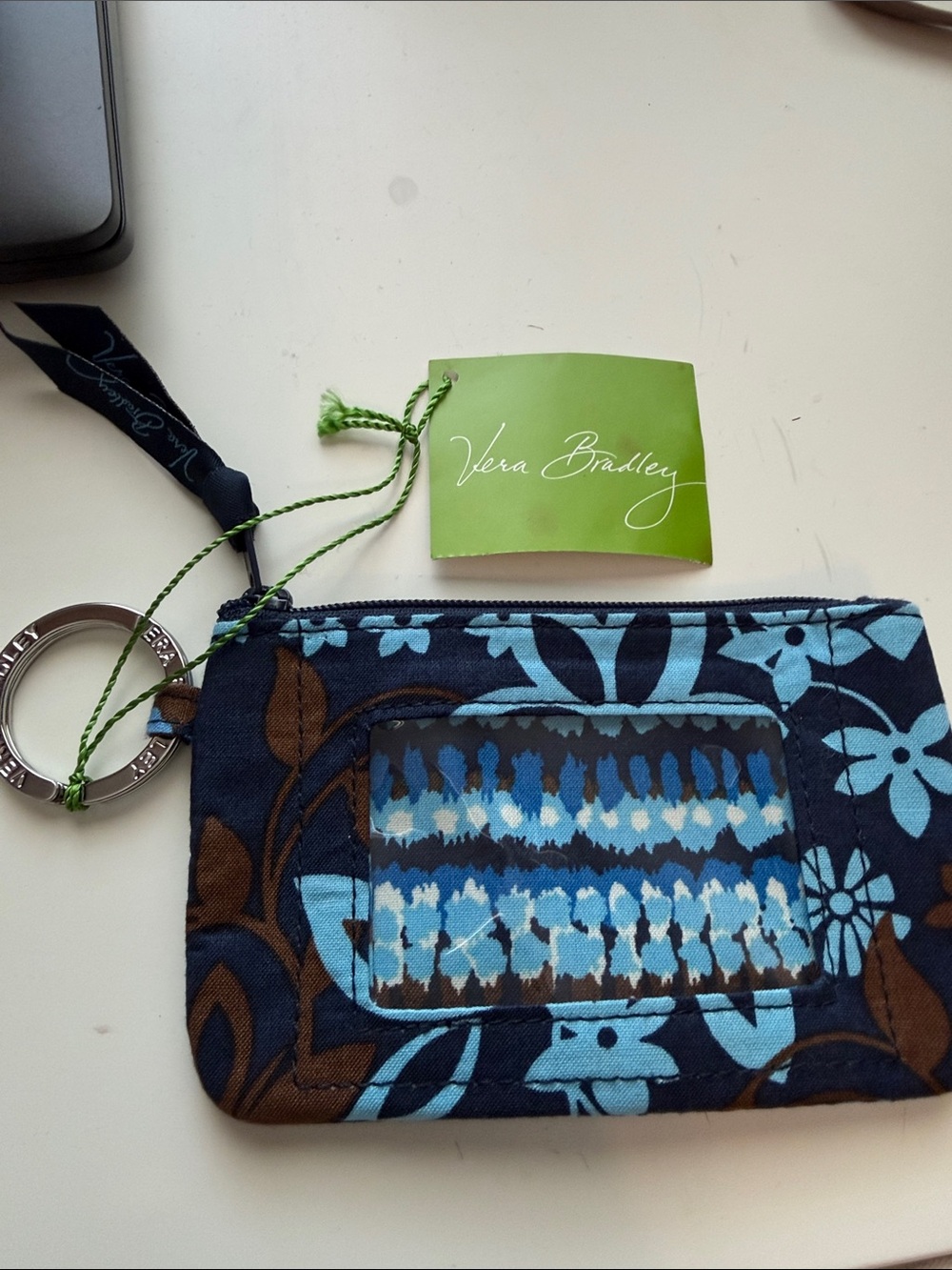 Vera Bradley Navy, Blue & Brown Floral ID Wristlet Key Pouch
